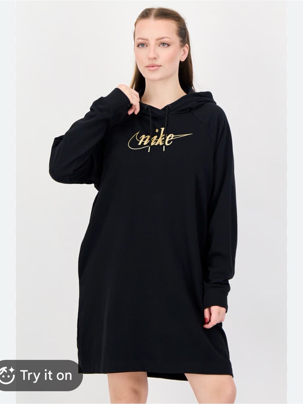 Nike Black Hoodie Dress with Metallic Gold Script